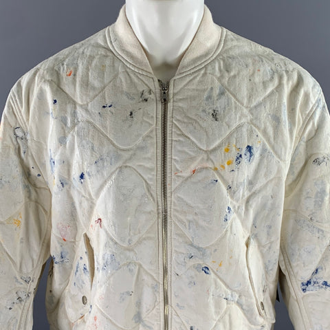 JOHN ELLIOTT Size XL White Navy Paint Splatter Cotton Bomber Jacket