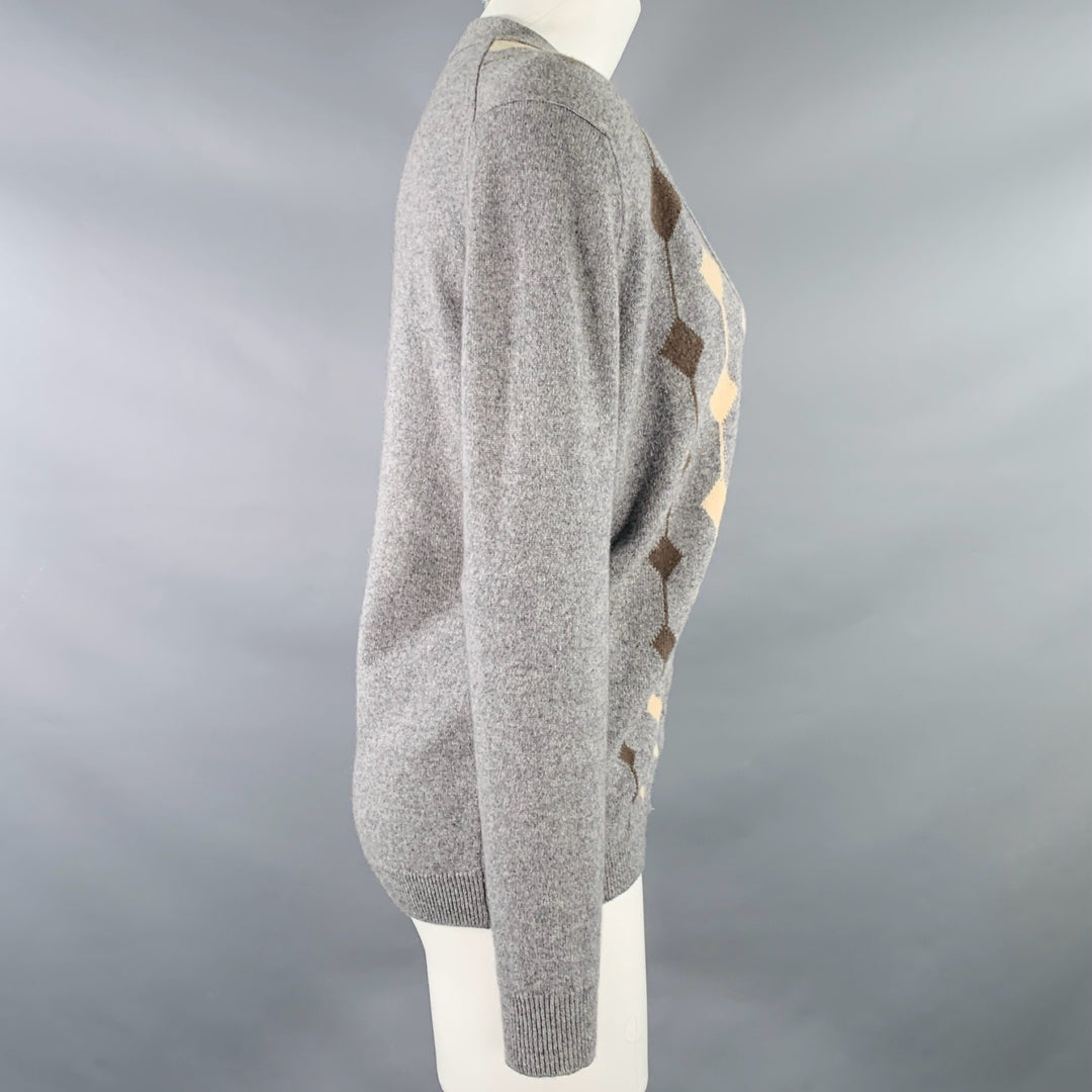 JAEGER Size M Grey Cream Cashmere Diamond V-Neck Cardigan