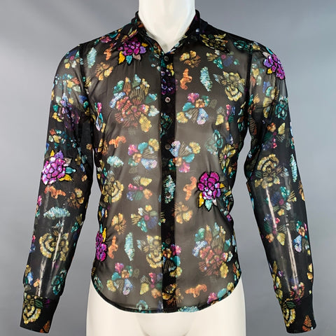 DRIES VAN NOTEN Size XS Black Multi Color Floral Sequined Long Sleeve Shirt