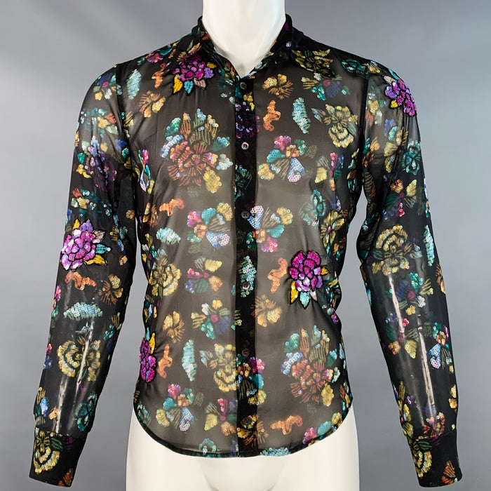 DRIES VAN NOTEN Size XS Black Multi Color Floral Sequined Long Sleeve Shirt