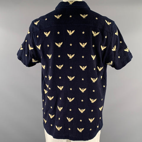 RRL by RALPH LAUREN Size XL Navy Cream Animal Print Cotton Short Sleeve Shirt