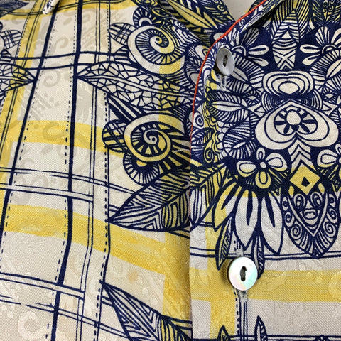 ROBERT GRAHAM Size L White Navy Yellow Print Silk Button Up Short Sleeve Shirt