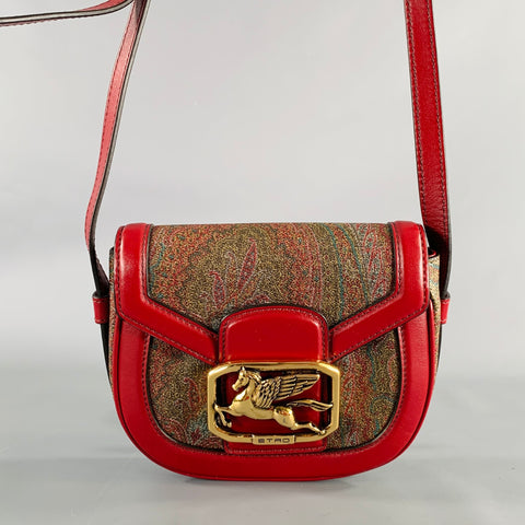 ETRO FW19 Pegaso Oxblood Brown Paisley Leather Trim Handbag