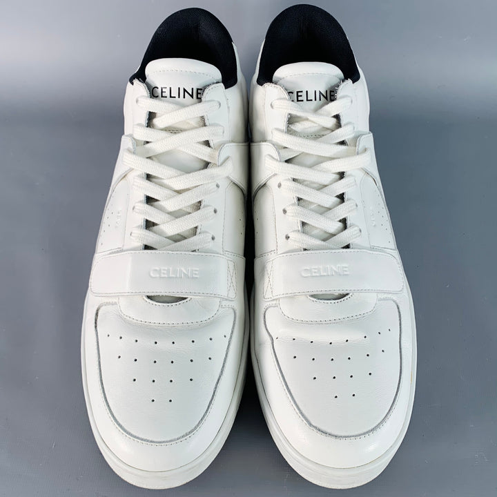 CELINE Size 12 White Black Perforated Leather Mid Top Lace-Up Sneakers