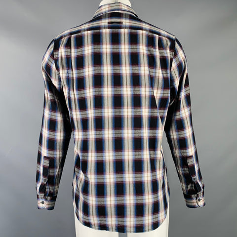 VINCE Size S Black Red Plaid Cotton Blend Spread Collar Long Sleeve Shirt