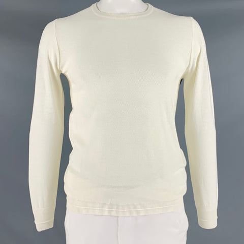 MANUEL RITZ Size L Cream Textured Knit Cotton Crew Neck Pullover