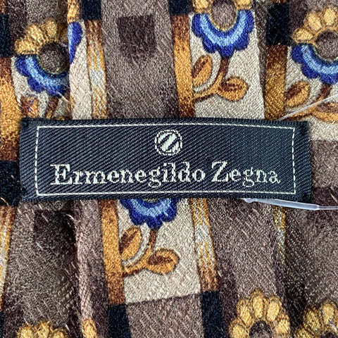ERMENEGILDO ZEGNA Brown Beige Abstract Floral Silk Tie