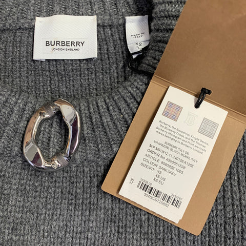 BURBERRY Taille XS Gris Ornements Cachemire Laine Pull Col Rond
