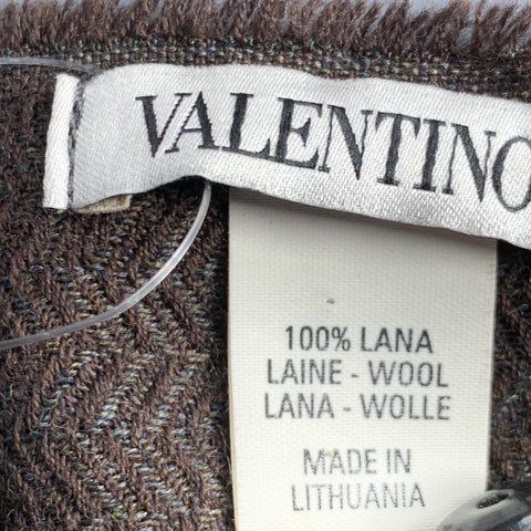 VALENTINO Brown Olive Herringbone Wool Fringe Scarf