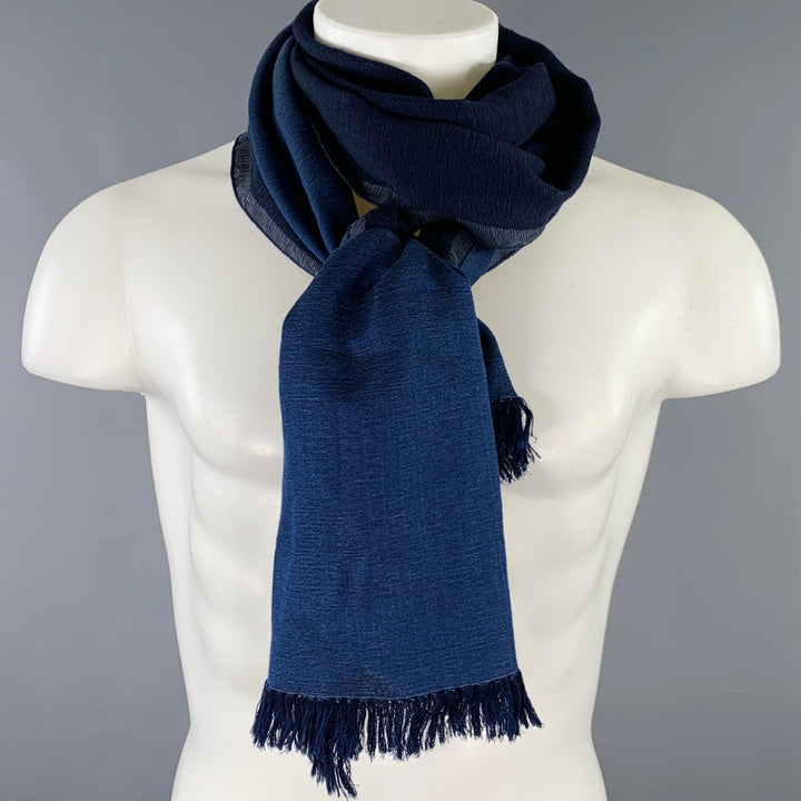 CAMERUCCI Navy Woven Two Tone Fringe Scarf