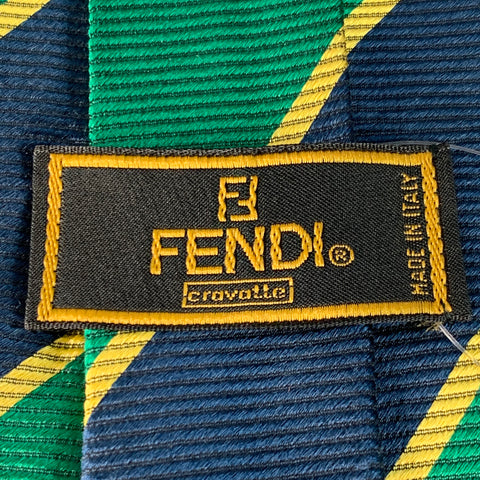 FENDI Green Navy Diagonal Stripe Silk Tie