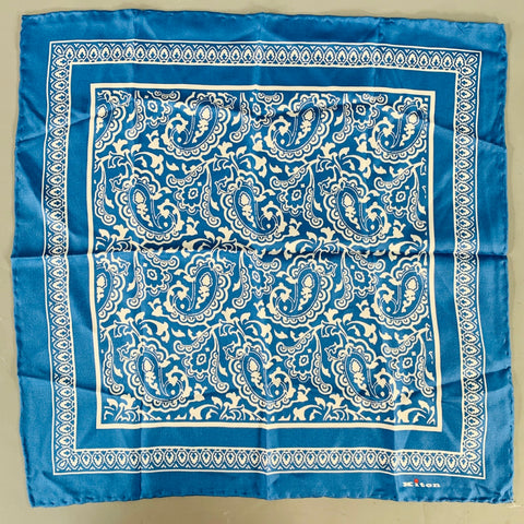 KITON Blue White Paisley Silk Pocket Square