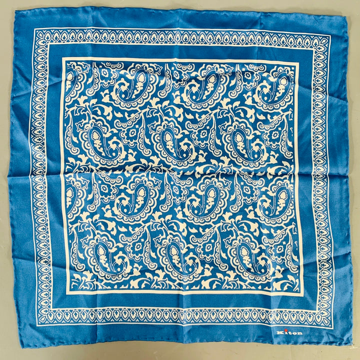 KITON Blue White Paisley Silk Pocket Square