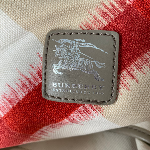 BURBERRY Beige Red Plaid Canvas Tote Handbag