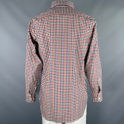ETRO Size L Navy Burgundy Checkered Cotton Button Up Long Sleeve Shirt