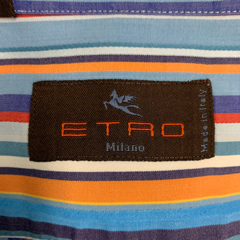 ETRO Size L Blue Multi Color Stripe Cotton Button Up Long Sleeve Shirt