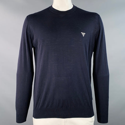PRADA Size L Navy White Jersey Logo Virgin Wool Long Sleeve Pullover