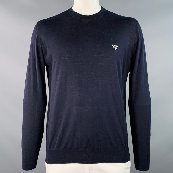 PRADA Size L Navy White Jersey Logo Virgin Wool Long Sleeve Pullover