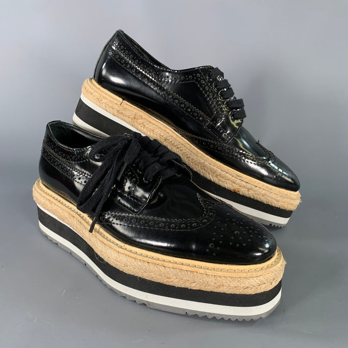 PRADA Size 7 Black White Leather Patent Spectator Laces