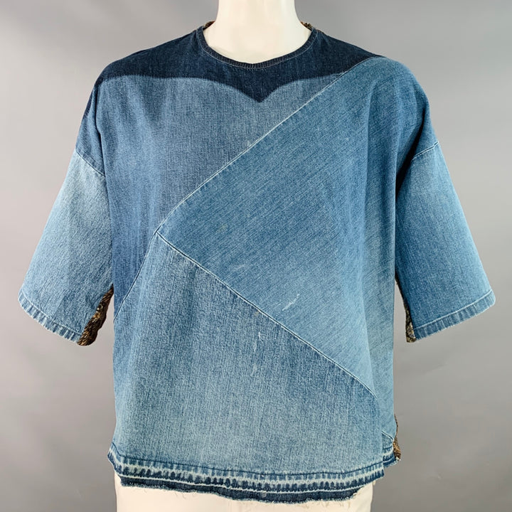 KAPITAL Size L Blue Brown Patchwork Cotton Blend Crew Neck T-shirt