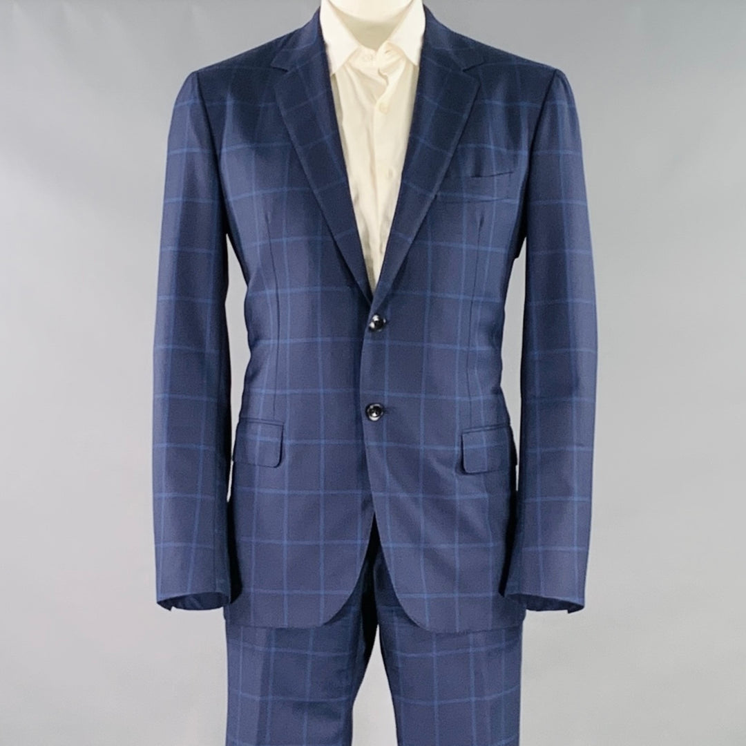 SARTORIO Size 44 Navy Blue Window Pane Wool Single breasted Suit