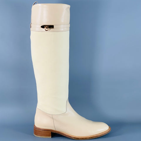 SALVATORE FERRAGAMO Size 8 Beige Leather Canvas Knee High Boots