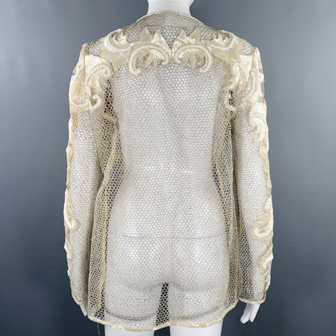 VINTAGE Size M Cream Silver Mesh Beaded Sequins Open Front Jacket
