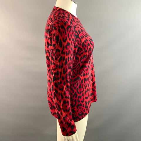 NEIMAN MARCUS Size XL Red Black Cashmere Leopard Pullover Womens