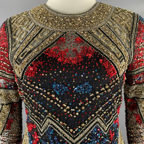 NAEEM KHAN Size 8 Silver Red & Blue Nylon Sequined Midi Cocktail Dress