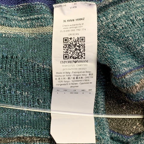 EMPORIO ARMANI Size L Green Blue Geometric Cotton Linen Crew Neck Sweater