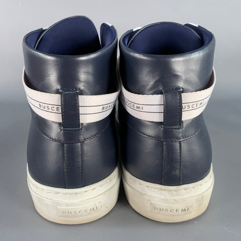 BUSCEMI Size 11 100MM Navy White Two Toned Leather High Top Sneakers