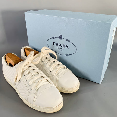 PRADA Size 8 White Leather Quilted Low Top Sneakers