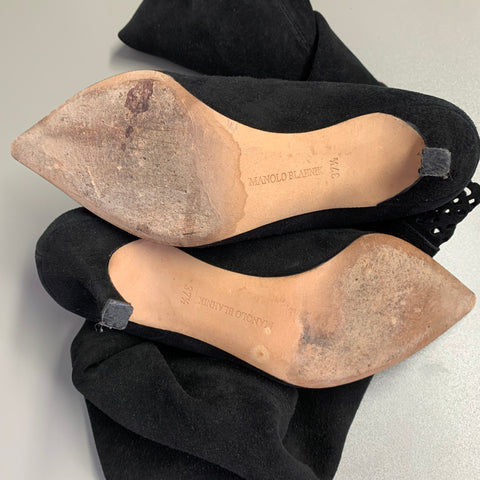 MANOLO BLAHNIK Size 7.5 Black Suede Cut Out Stiletto Boots