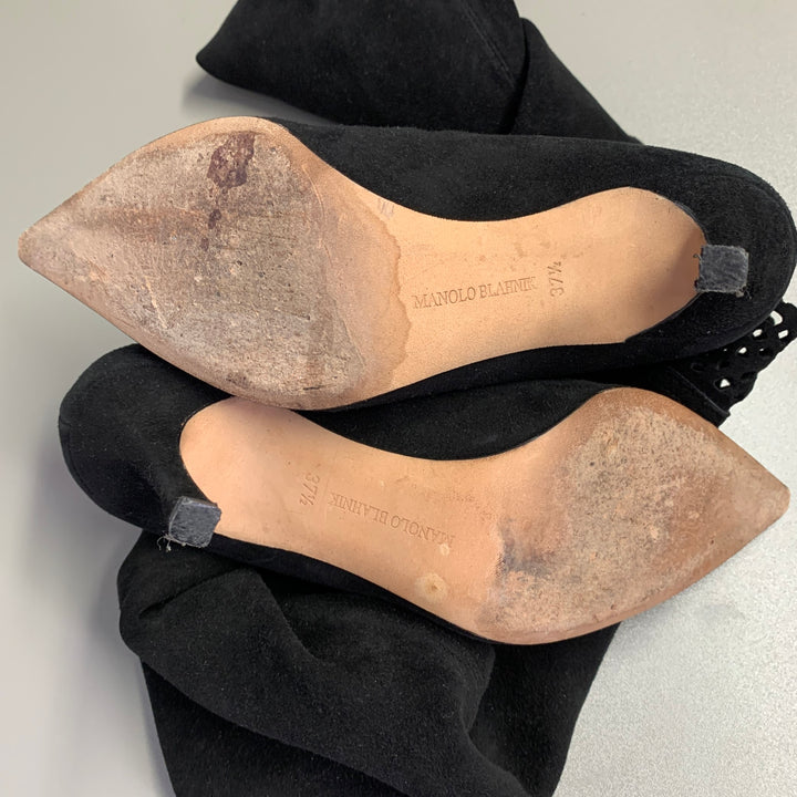 MANOLO BLAHNIK Size 7.5 Black Suede Cut Out Stiletto Boots