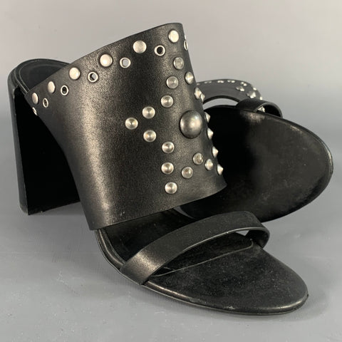 SEE by CHLOE Size 9 Black Silver Leather Studded Chunky Heel Sandals