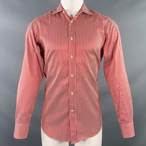 ETRO Size 38 Red White Stripe Cotton Spread Collar Long Sleeve Shirt