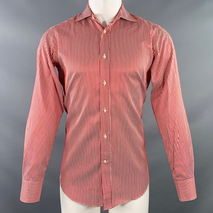 ETRO Size 38 Red White Stripe Cotton Spread Collar Long Sleeve Shirt