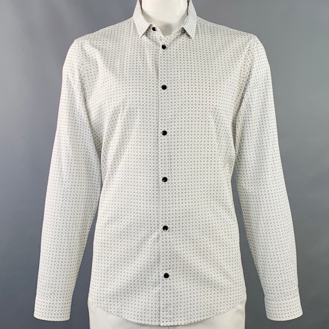 VERSACE Size XL White Black Geometric Cotton Blend Long Sleeve Shirt