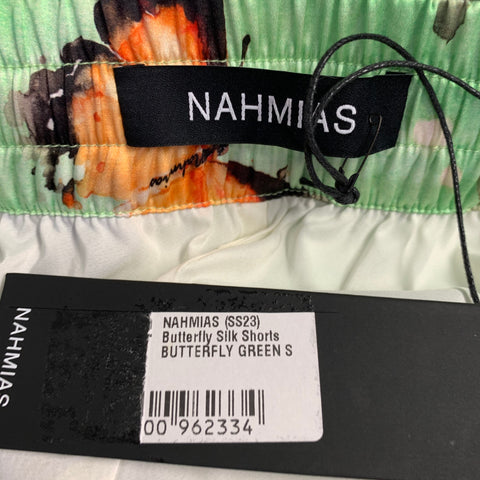 NAHMIAS SS23 Size S Green Multi Color Print Silk Blend Butterfly Drawstring Shorts