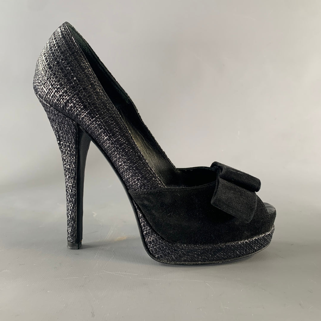 FENDI Size 8.5 Black Raffia Woven Platform Pumps
