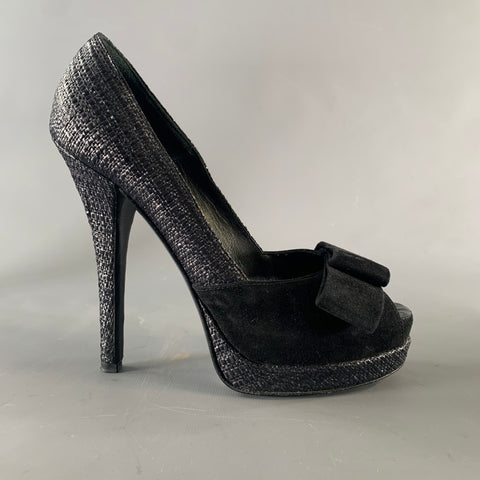 FENDI Size 8.5 Black Raffia Woven Platform Pumps