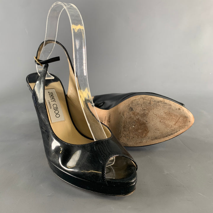 JIMMY CHOO Size 8 Black Patent Leather Slingback Sandals