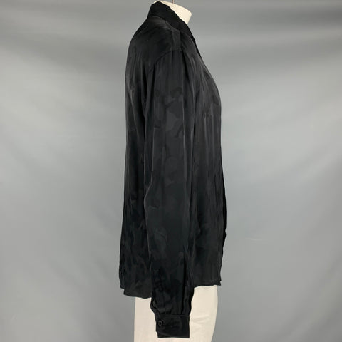 GIANNI VERSACE Size XL Black Camo Silk Hidden Placket Long Sleeve Shirt
