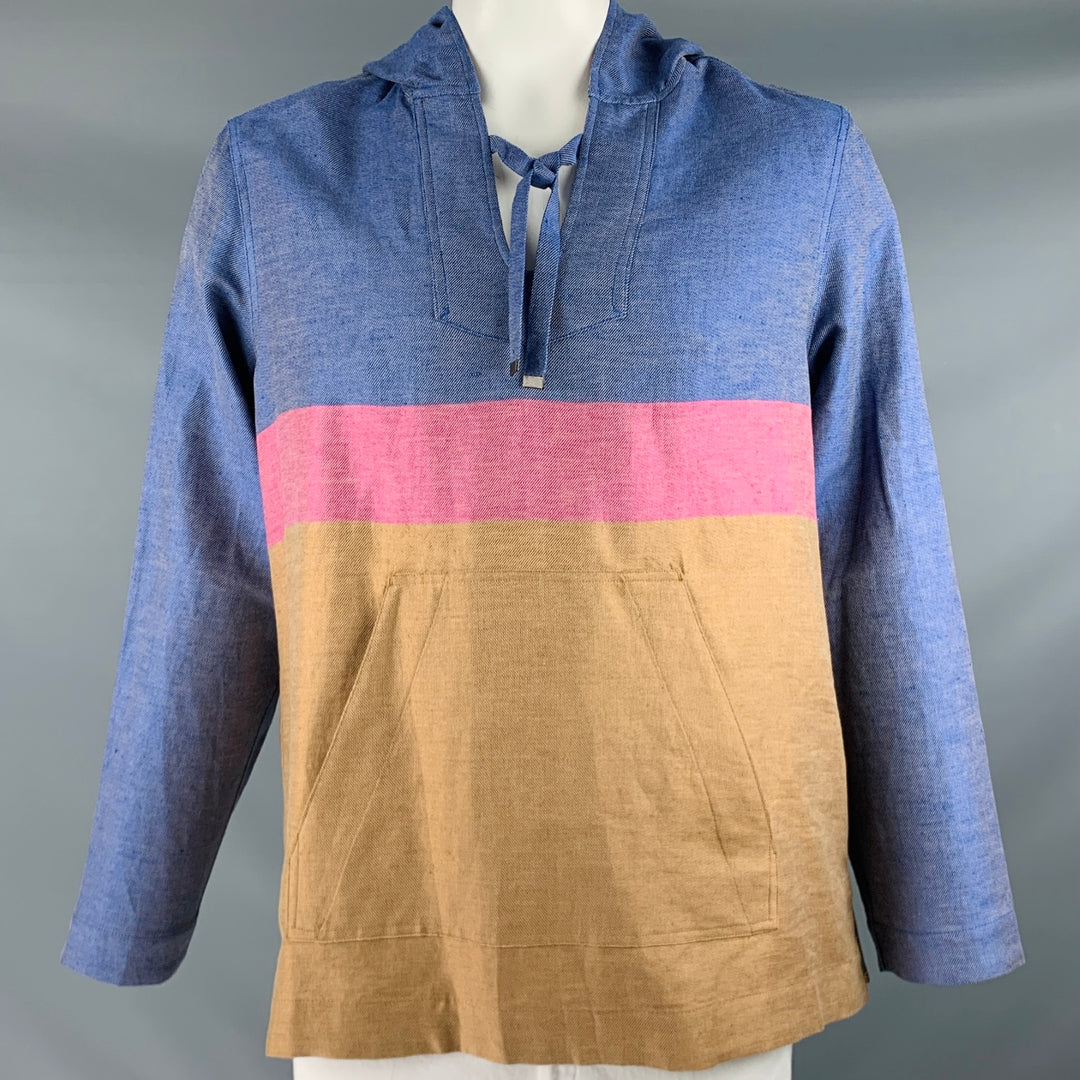 ROBERT GRAHAM Size L Blue Brown Pink Color Block Cotton Linen Pullover