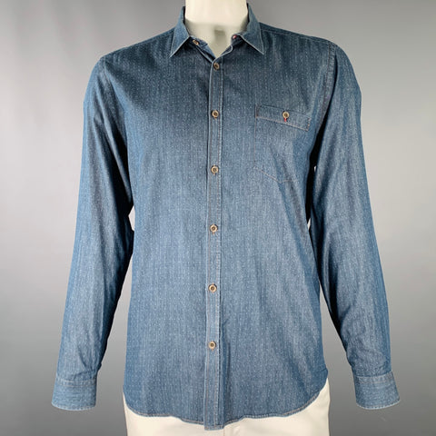 TED BAKER Taille XXL Chemise Manches Longues en Coton Bleu Marine à Pois Blancs