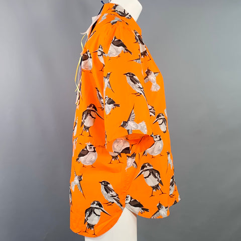 MSGM Size M Orange Black White Cotton Birds One Pocket Short Sleeve Shirt