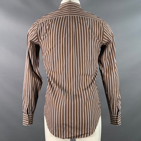 YVES SAINT LAURENT Size S Brown Navy White Stripe Button Down Collar Cotton Long Sleeve Shirt