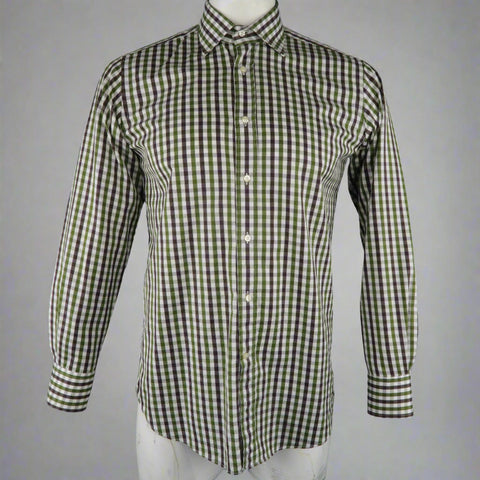 ETRO Size S White & Green Checkered Cotton Button Up Long Sleeve Shirt