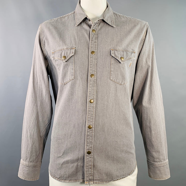 BILLY REID Size XL Shoals Grey Contrast Stitch Cotton Snaps Long Sleeve Shirt