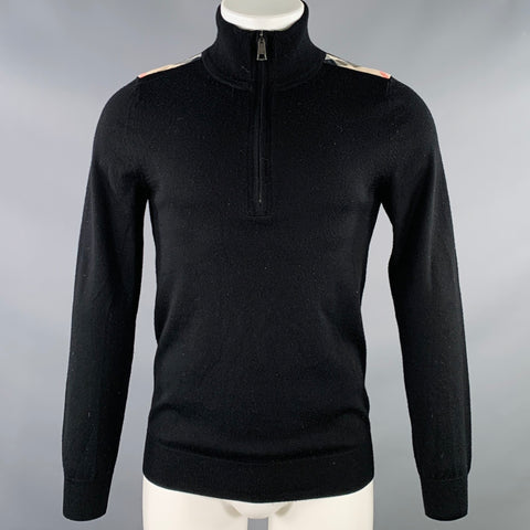 BURBERRY BRIT Size S Black Multi Color Check Contrast Trim Merino Wool 1/4 Zip Pullover